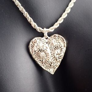 Filigree 3D Heart Necklace in Sterling Silver Heart Pendant on 20" Rope Chain